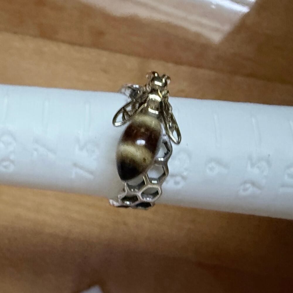 Amber Bumblebee.925 Silver Honeycomb Ring Size 7 Adjustable New